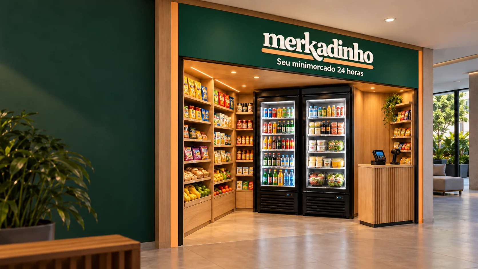 Conceito da Merkadinho em um condomínio, com fachada verde, prateleiras e geladeiras expositoras